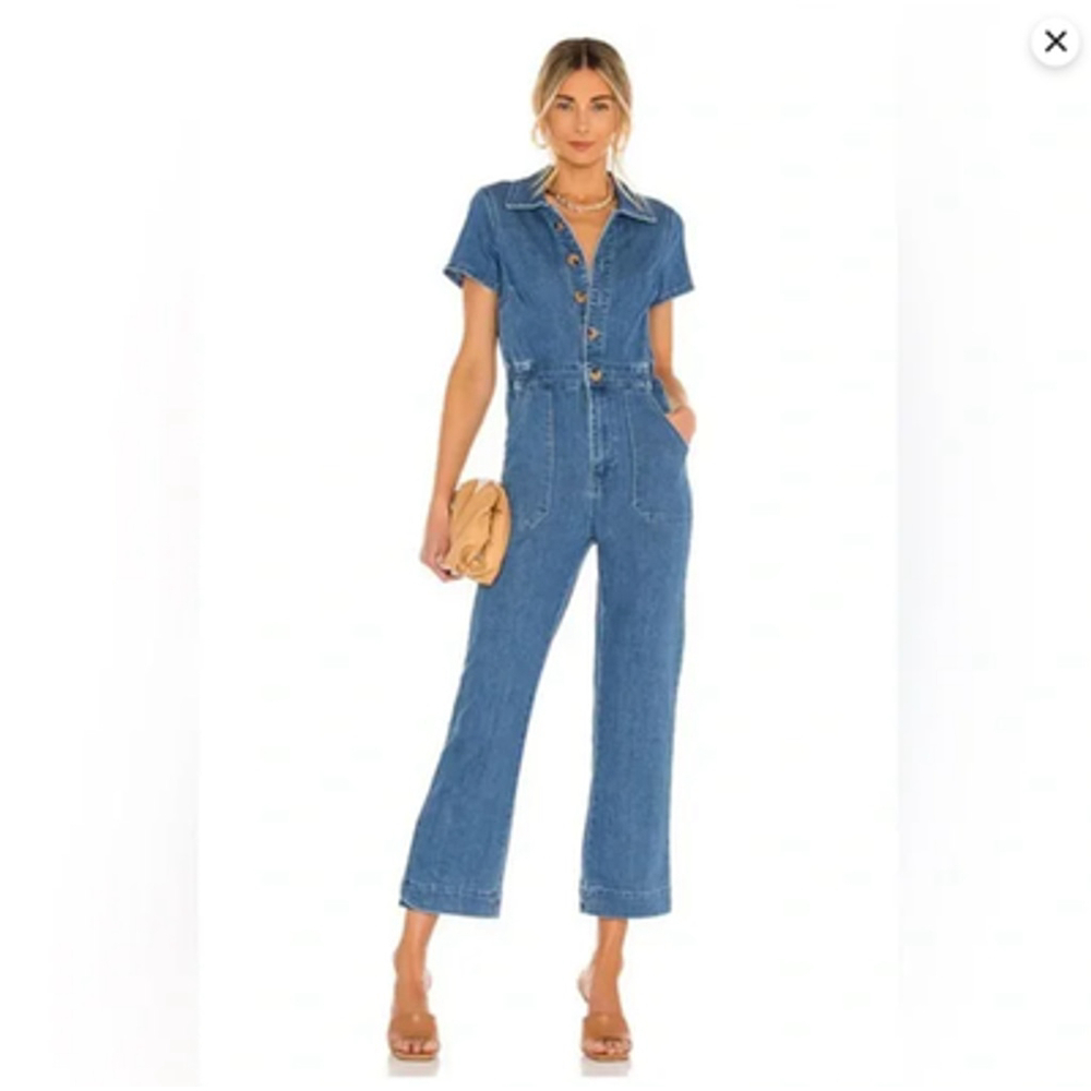 Show Me Your MuMu Medium Blue Denim Short-Sleeve Jumpsuit - Picture 2 of 13